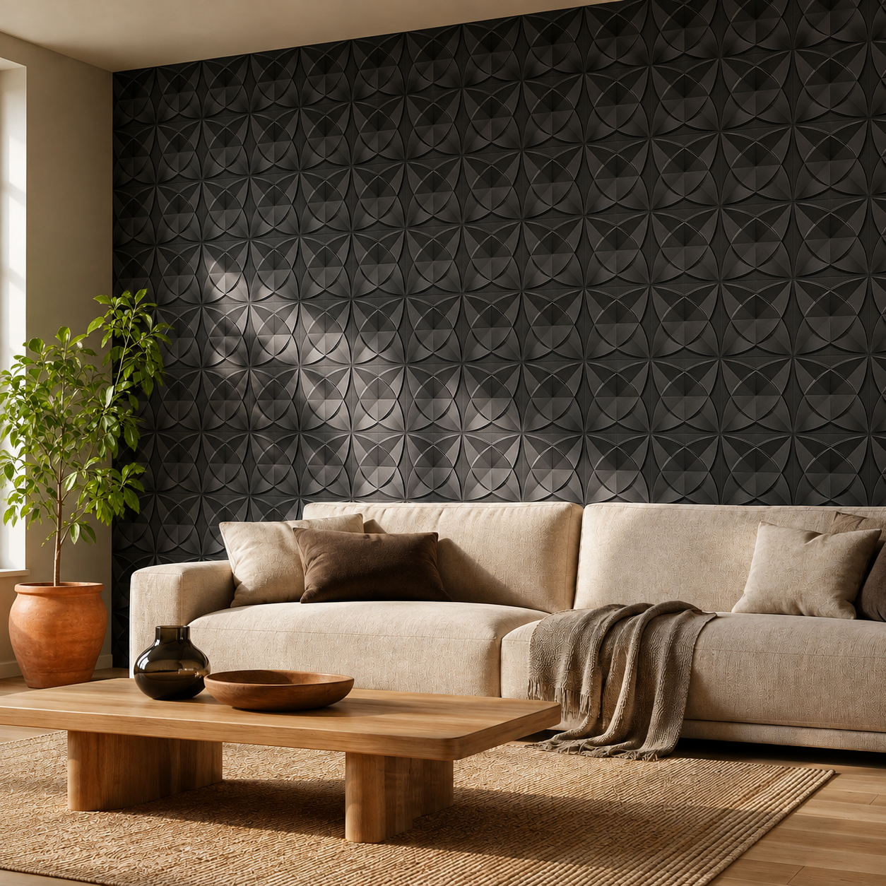 Panneau mural 3D noir mat à motif géométrique en croix design