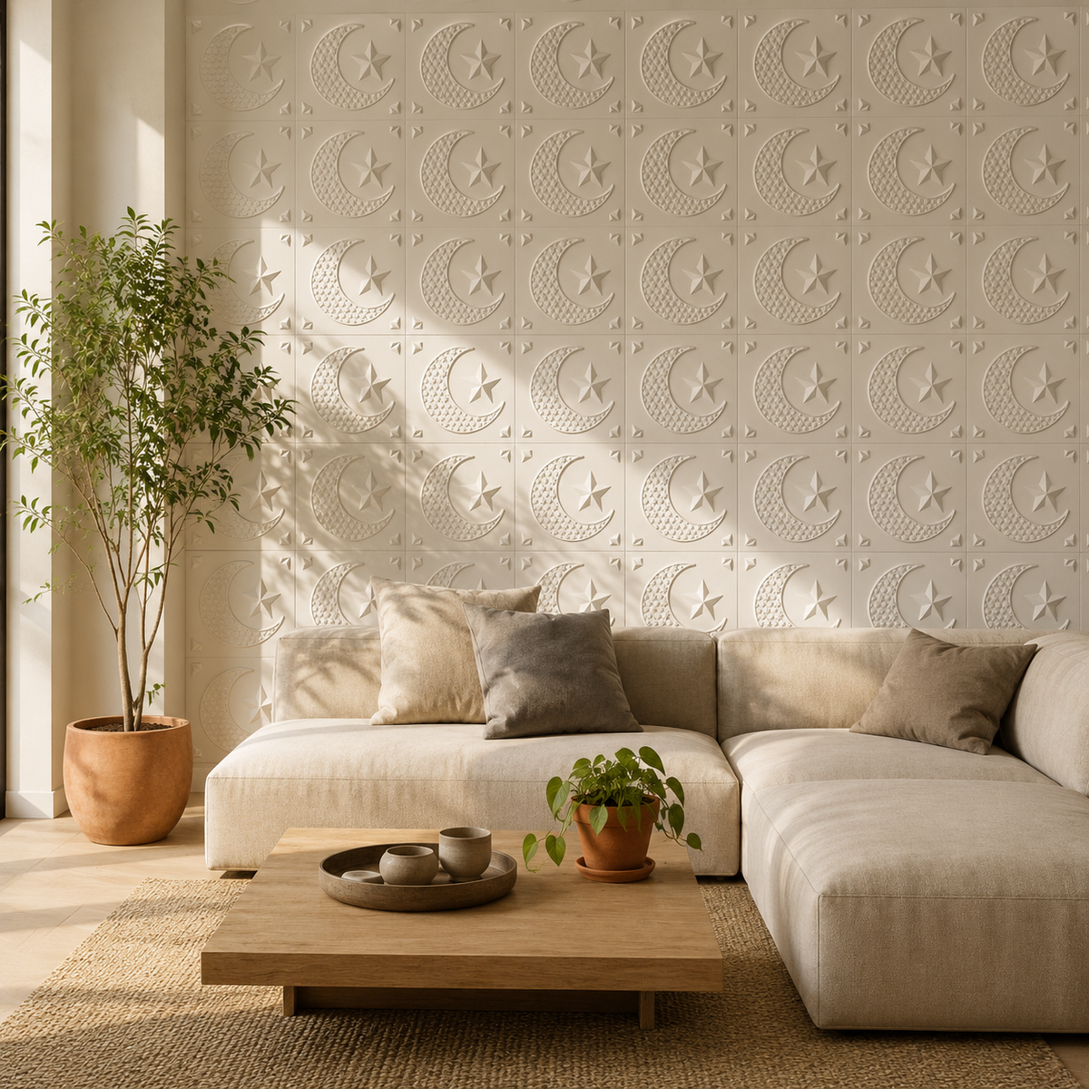 Panneau mural décoratif 3D blanc mat avec motif lune et étoile