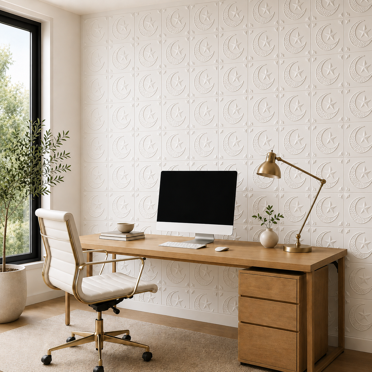 Panneau mural décoratif 3D blanc mat avec motif lune et étoile
