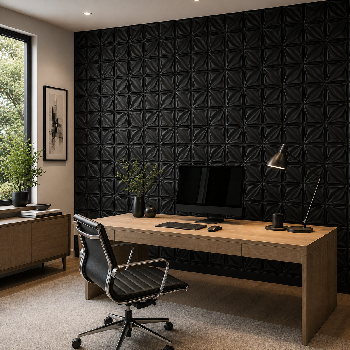 Panneau mural 3D noir mat avec motif en relief sculptural