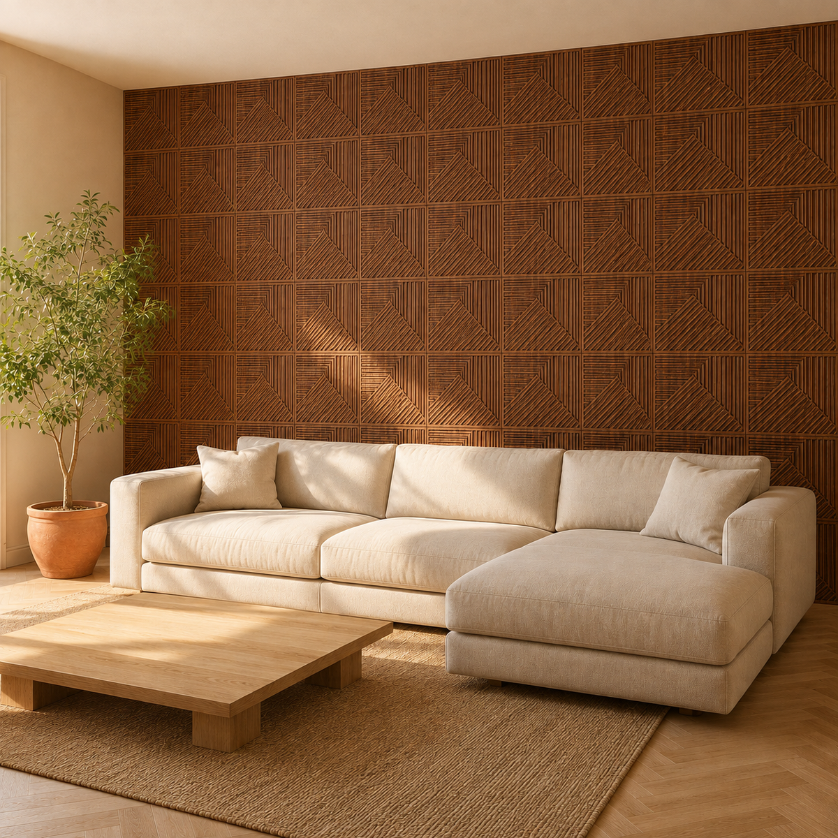 Panneau mural 3D en PVC avec rainures géométrique bois foncé