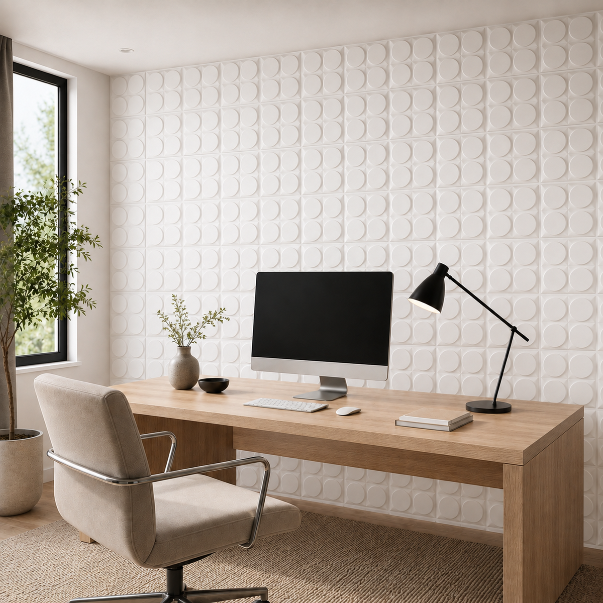 Panneau mural 3D PVC blanc mat avec motif cercle en relief