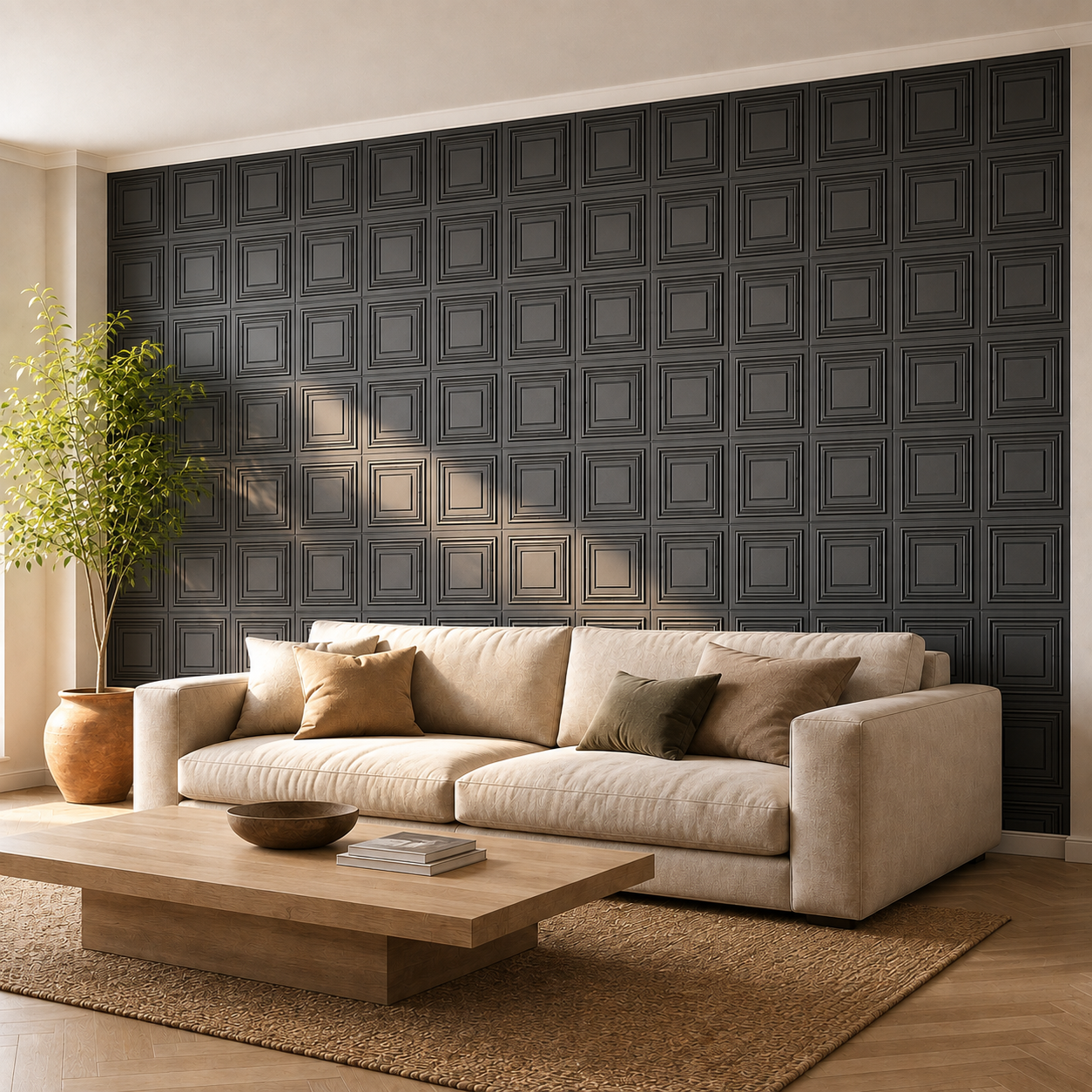Décoration murale 3D noire au motif carré en relief