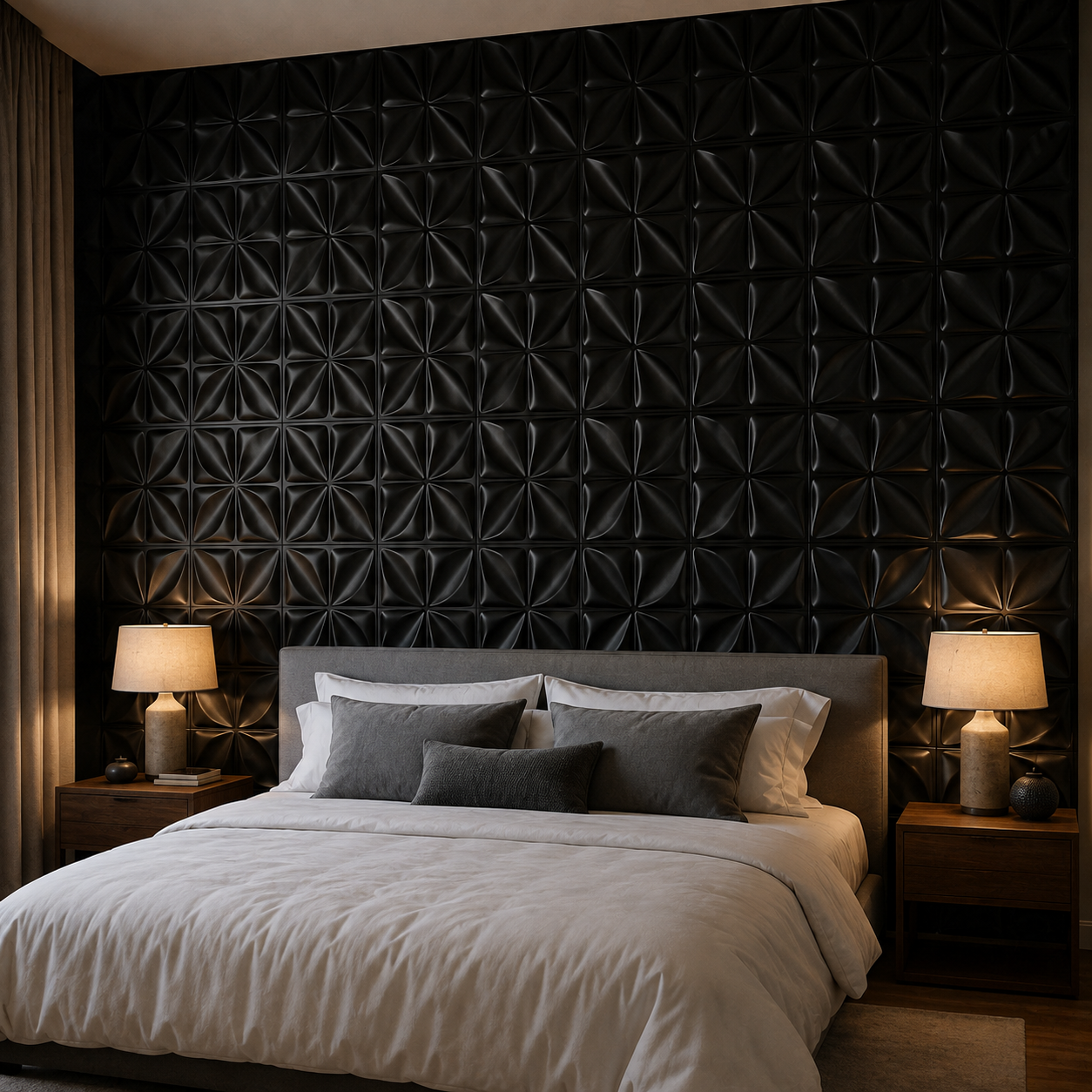 Panneau mural 3D noir mat avec motif en relief sculptural