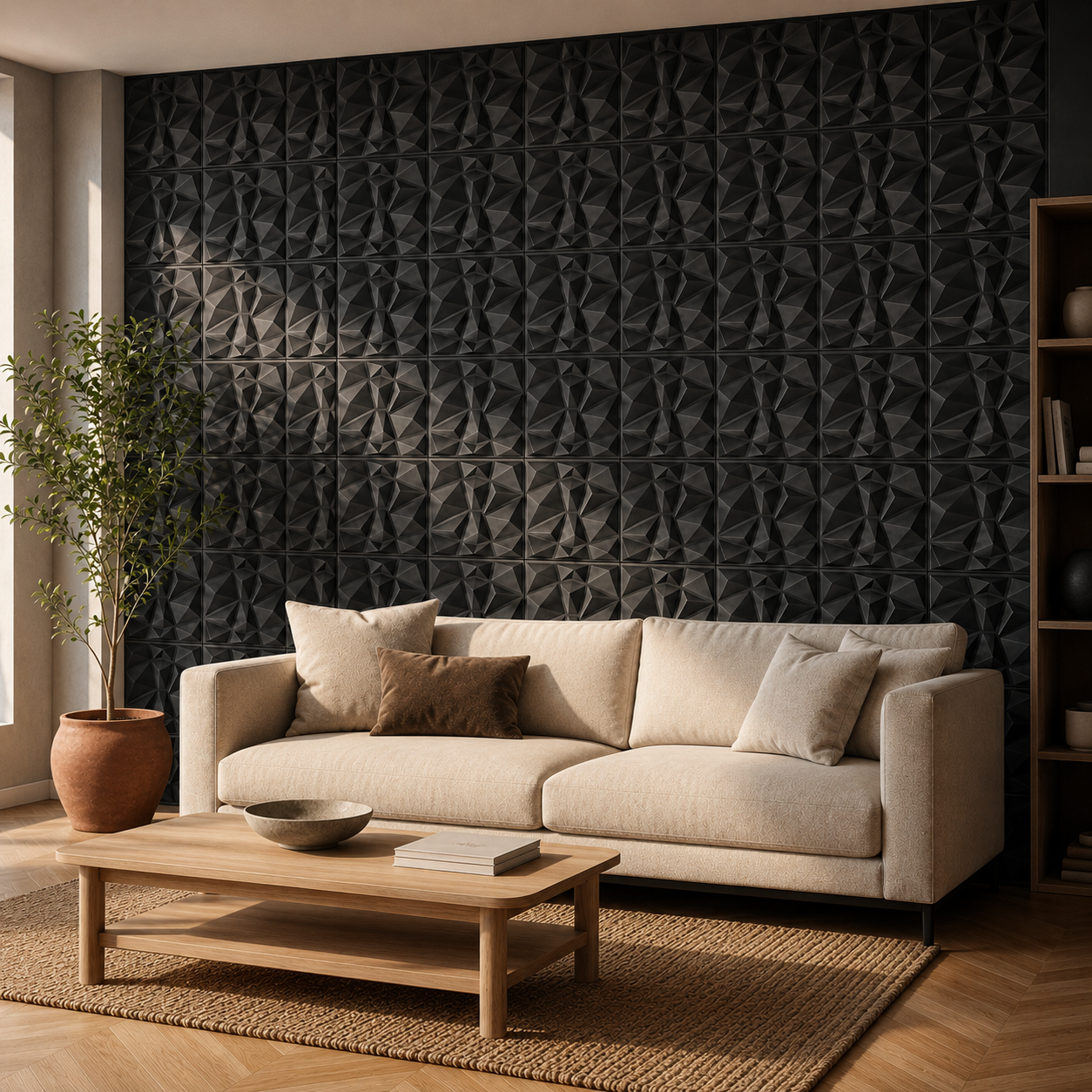 Panneau mural 3D noir mat effet relief géométrique design