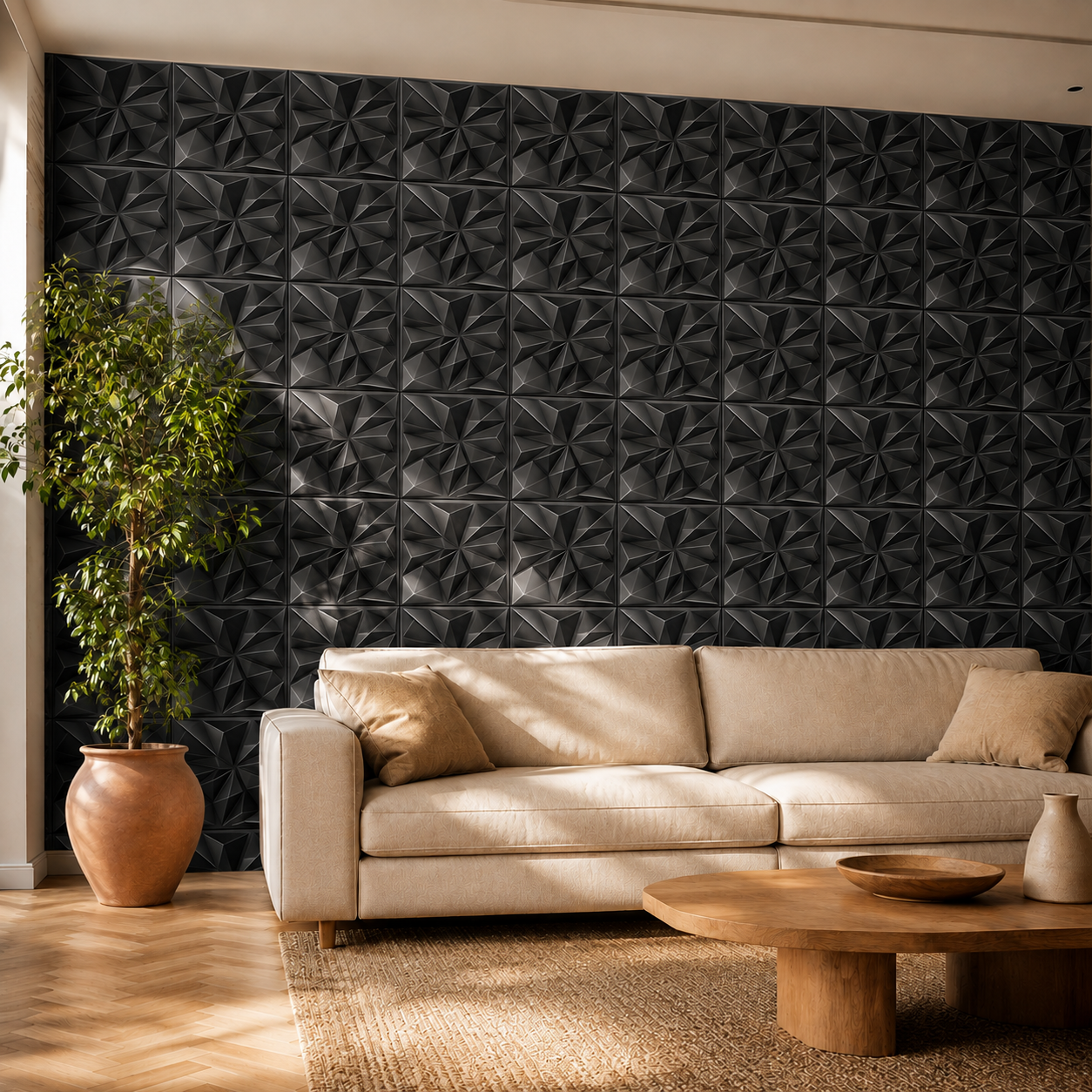 Panneau mural 3D noir mat au motif angulaire en relief