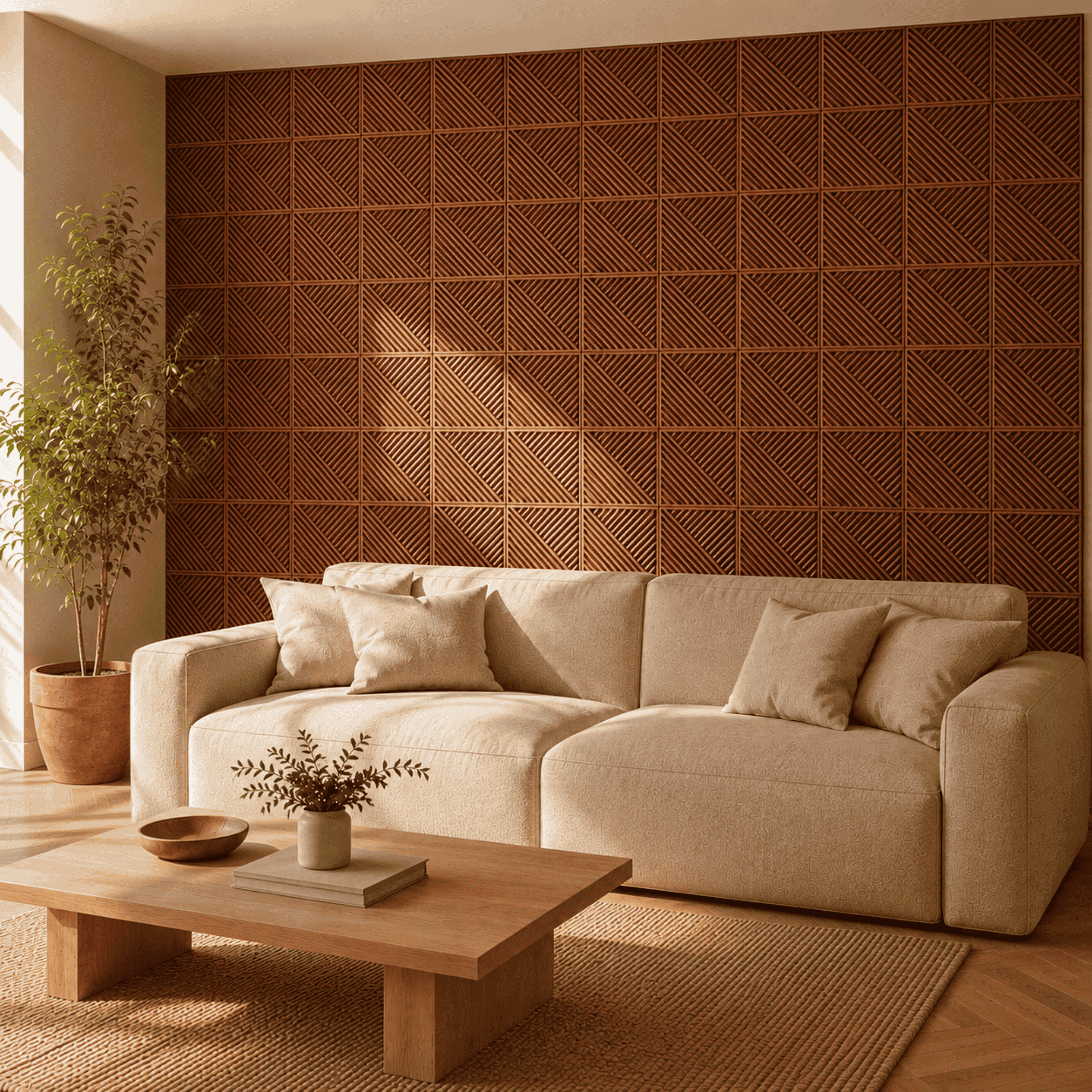 Panneau mural en PVC 3D effet bois et lignes obliques
