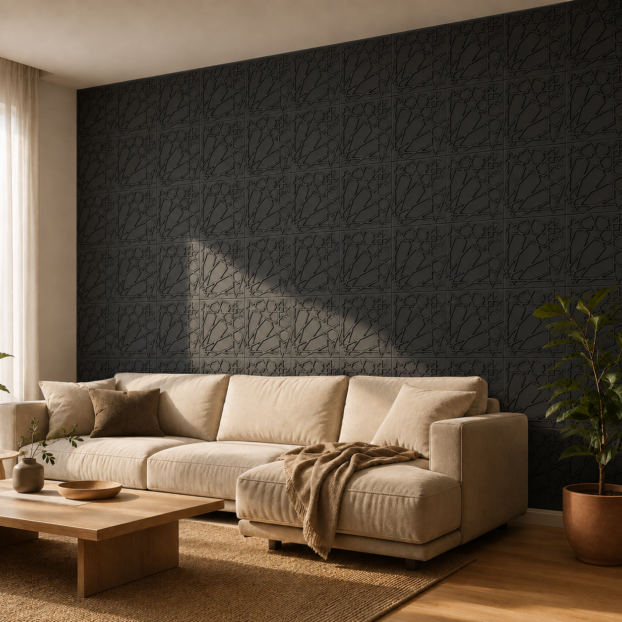 Panneau mural 3D noir mat avec motif étoiles filantes
