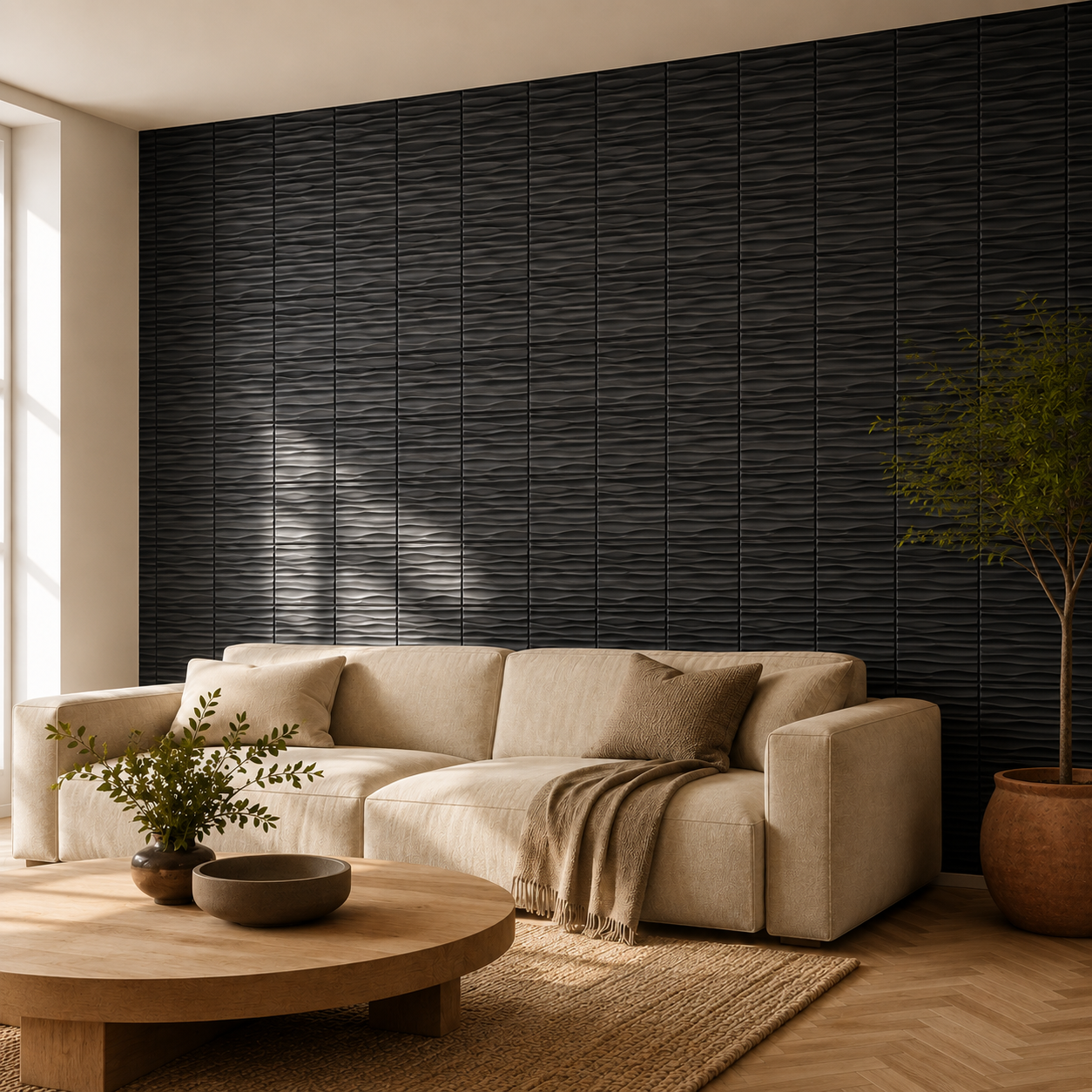 Panneau mural 3D noir mat à motif ondulé en relief