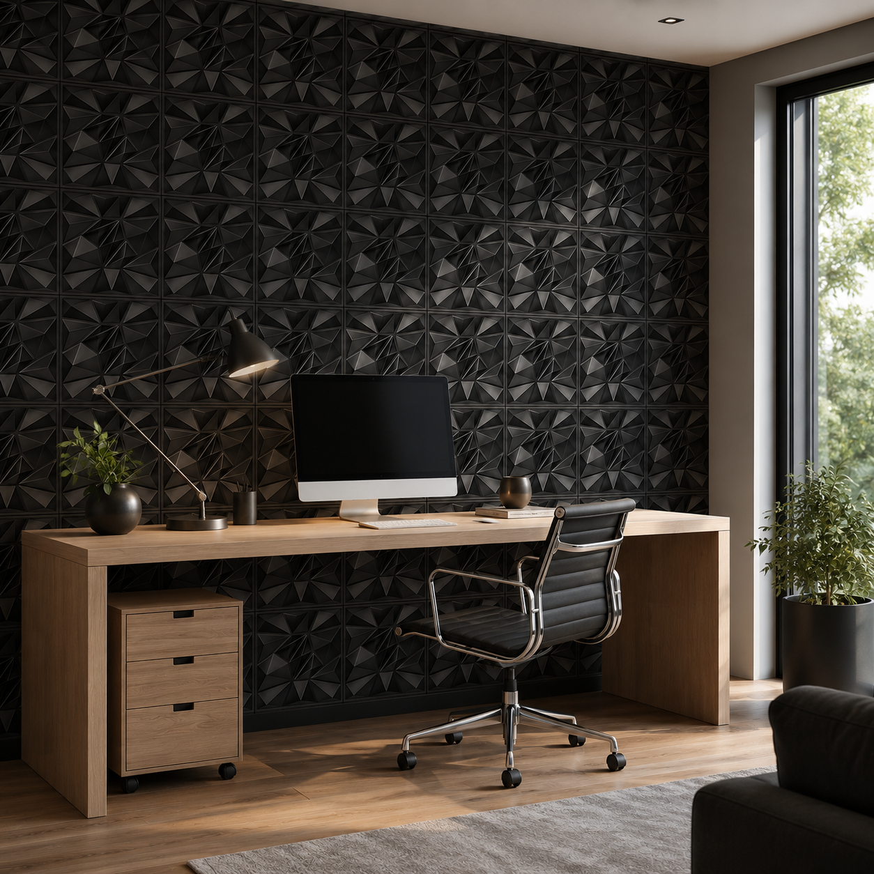 Panneau mural 3D noir mat au motif angulaire en relief
