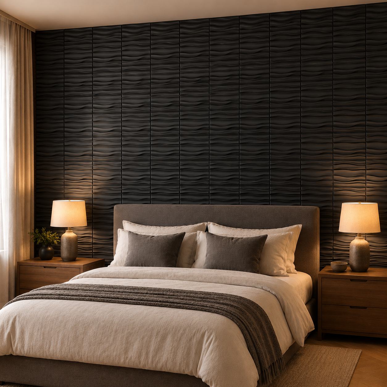 Panneau mural 3D noir mat à motif ondulé en relief