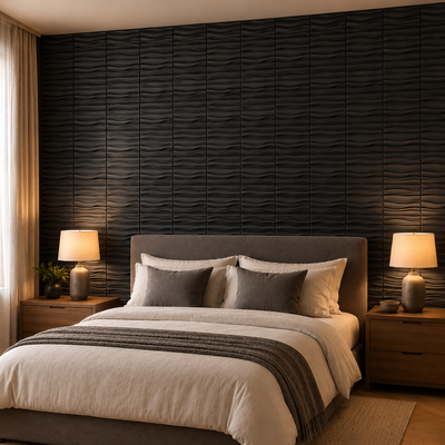 Panneau mural 3D noir mat à motif ondulé en relief