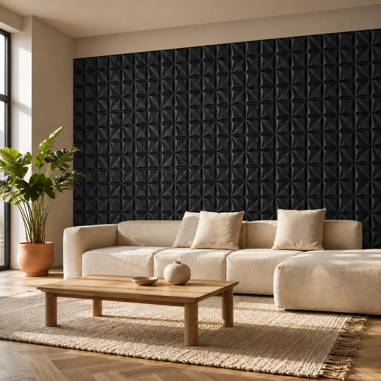 Panneau mural 3D noir mat avec motif en relief sculptural