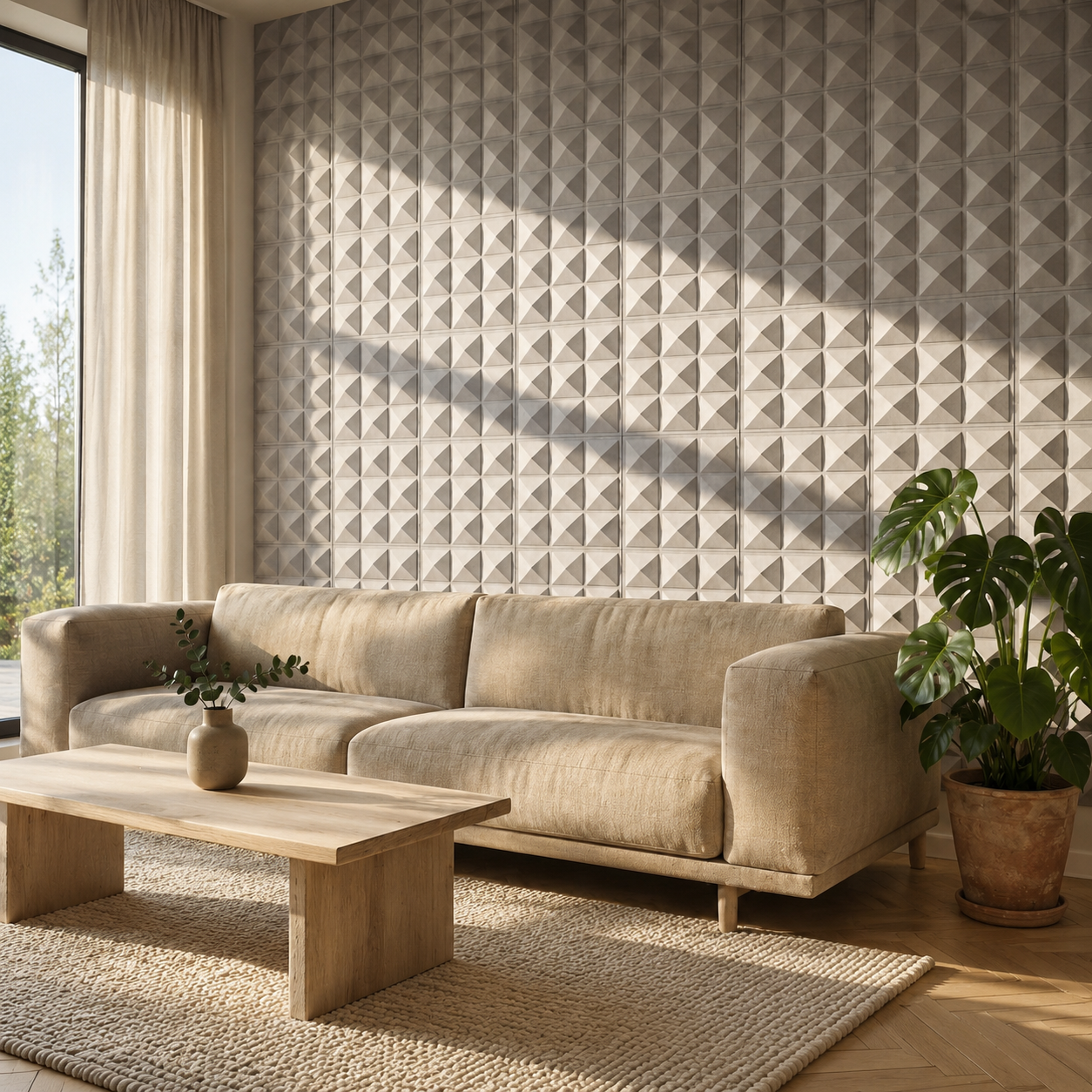 Plaque murale isolante 3D en PVC au motif pyramidal