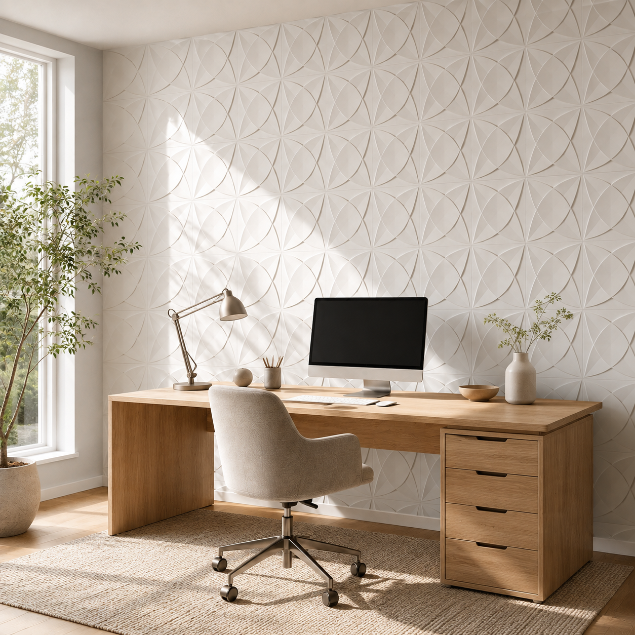 Panneau mural décoratif blanc 3D avec motif floral en relief