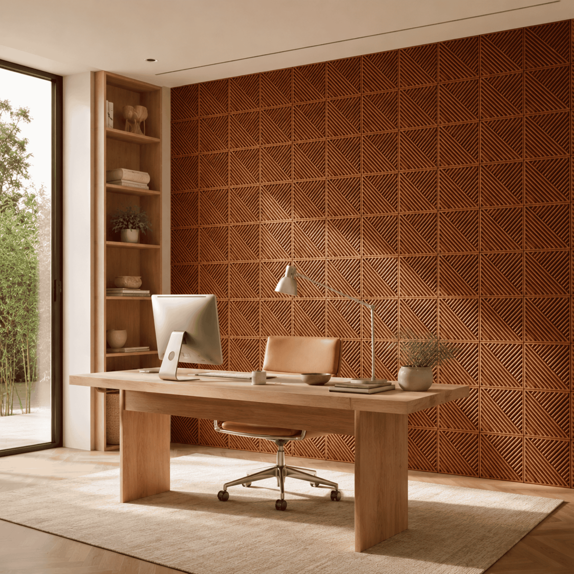 Panneau mural en PVC 3D effet bois et lignes obliques