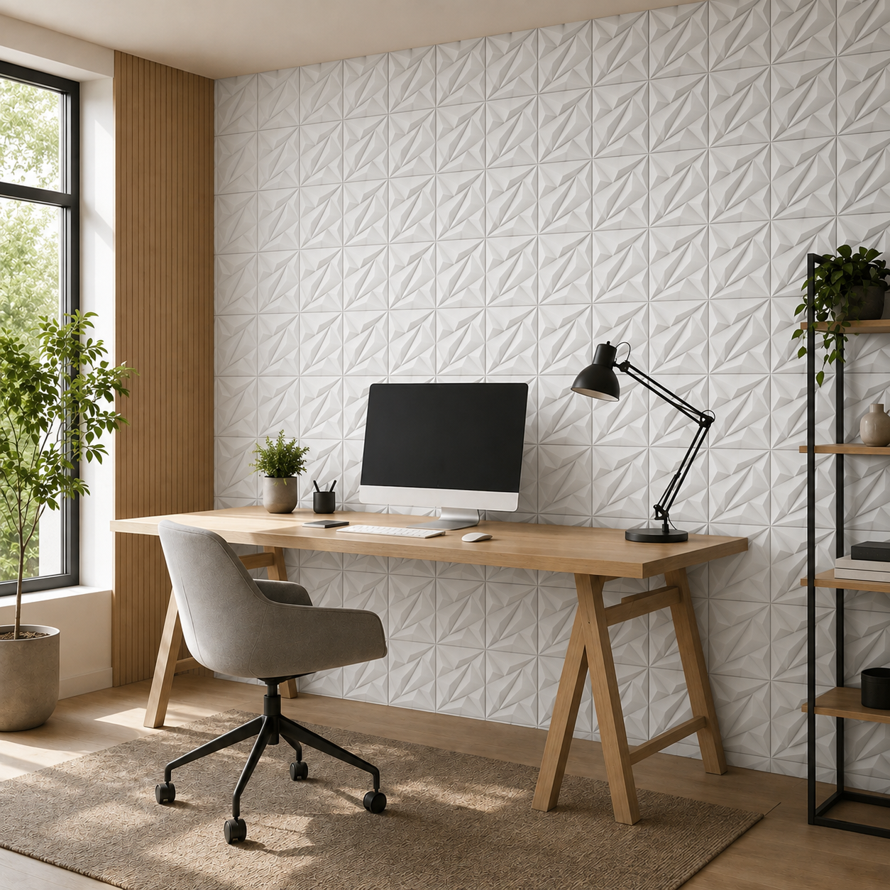 Panneau mural 3D blanc mat avec motif géométrique facetté