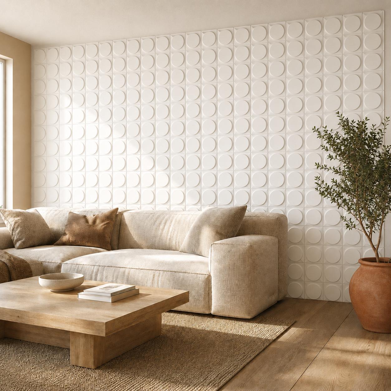 Panneau mural 3D PVC blanc mat avec motif cercle en relief