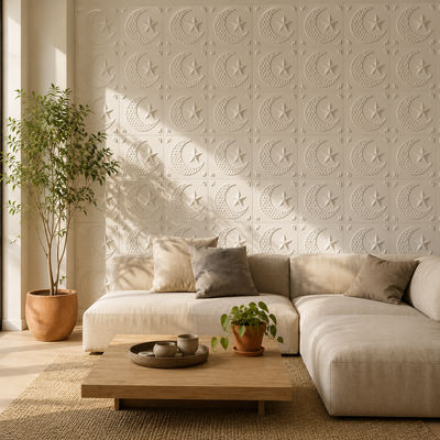 Panneau mural décoratif 3D blanc mat avec motif lune et étoile