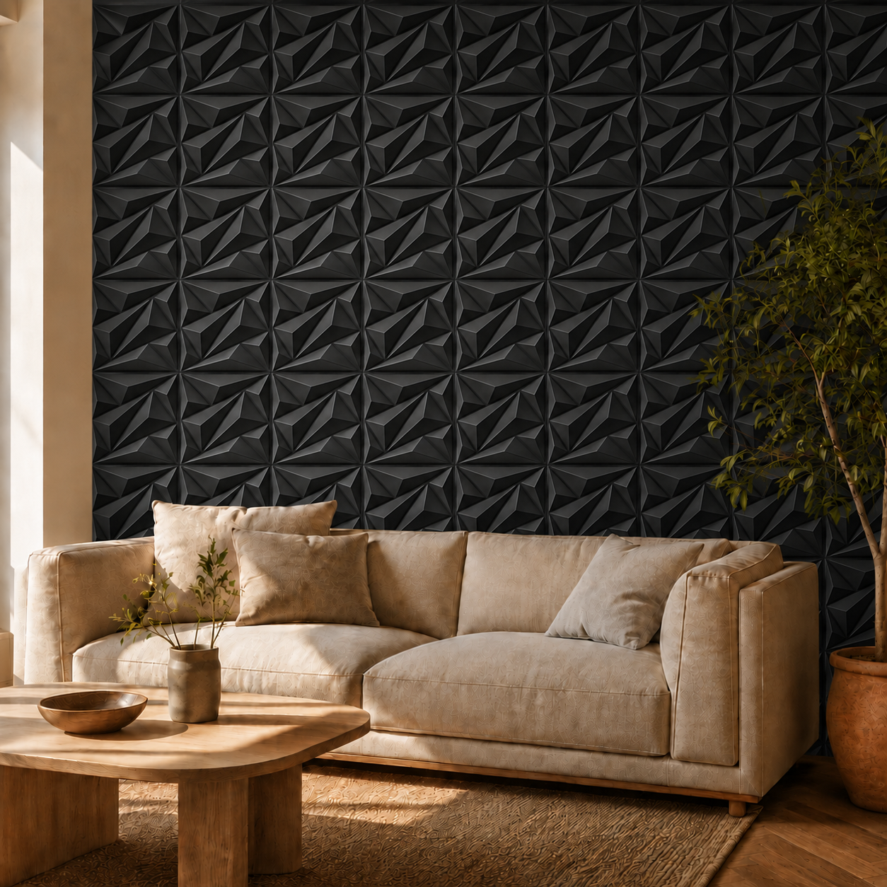 Panneau mural 3D noir mat effet géométrique