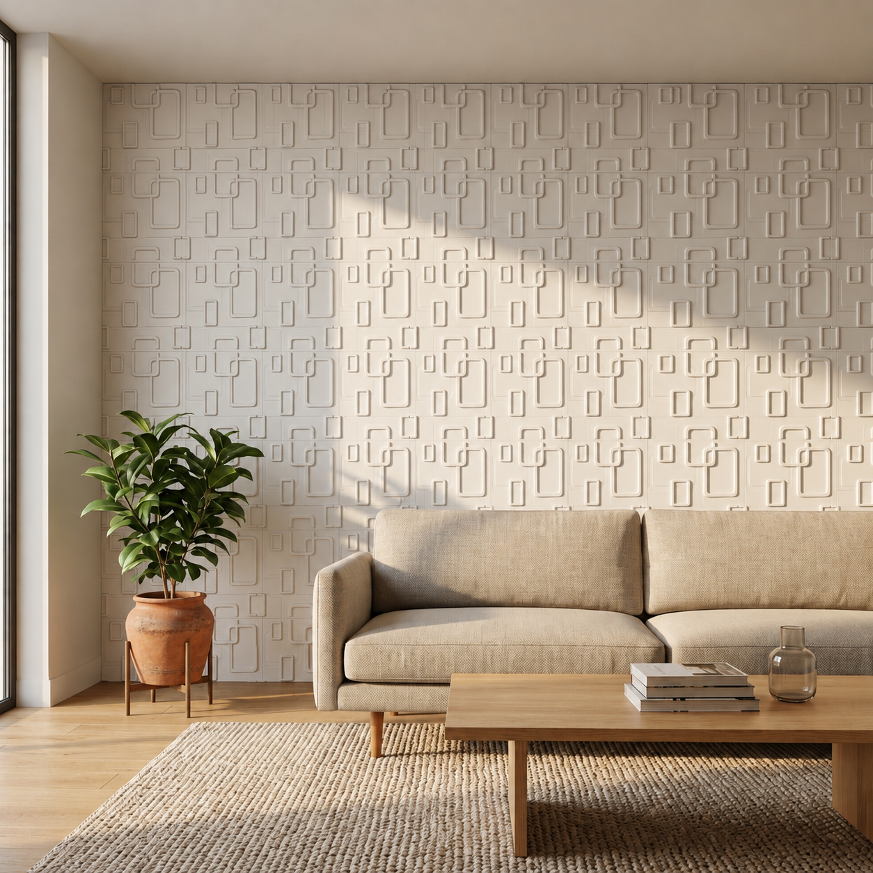 Panneau mural décoratif 3D blanc à motif rectangles arrondis