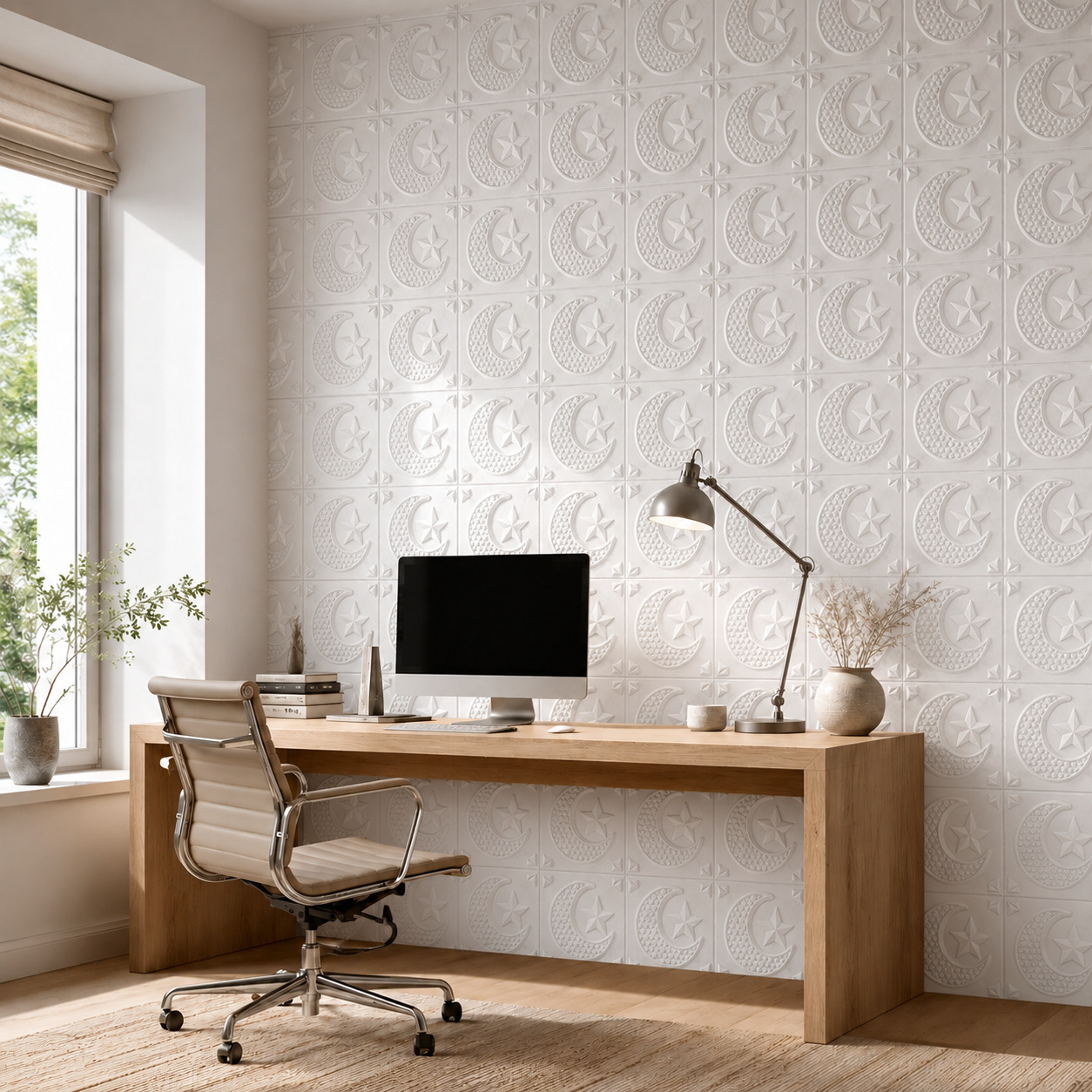 Plaque murale en PVC avec motif lune et étoile en relief 3D