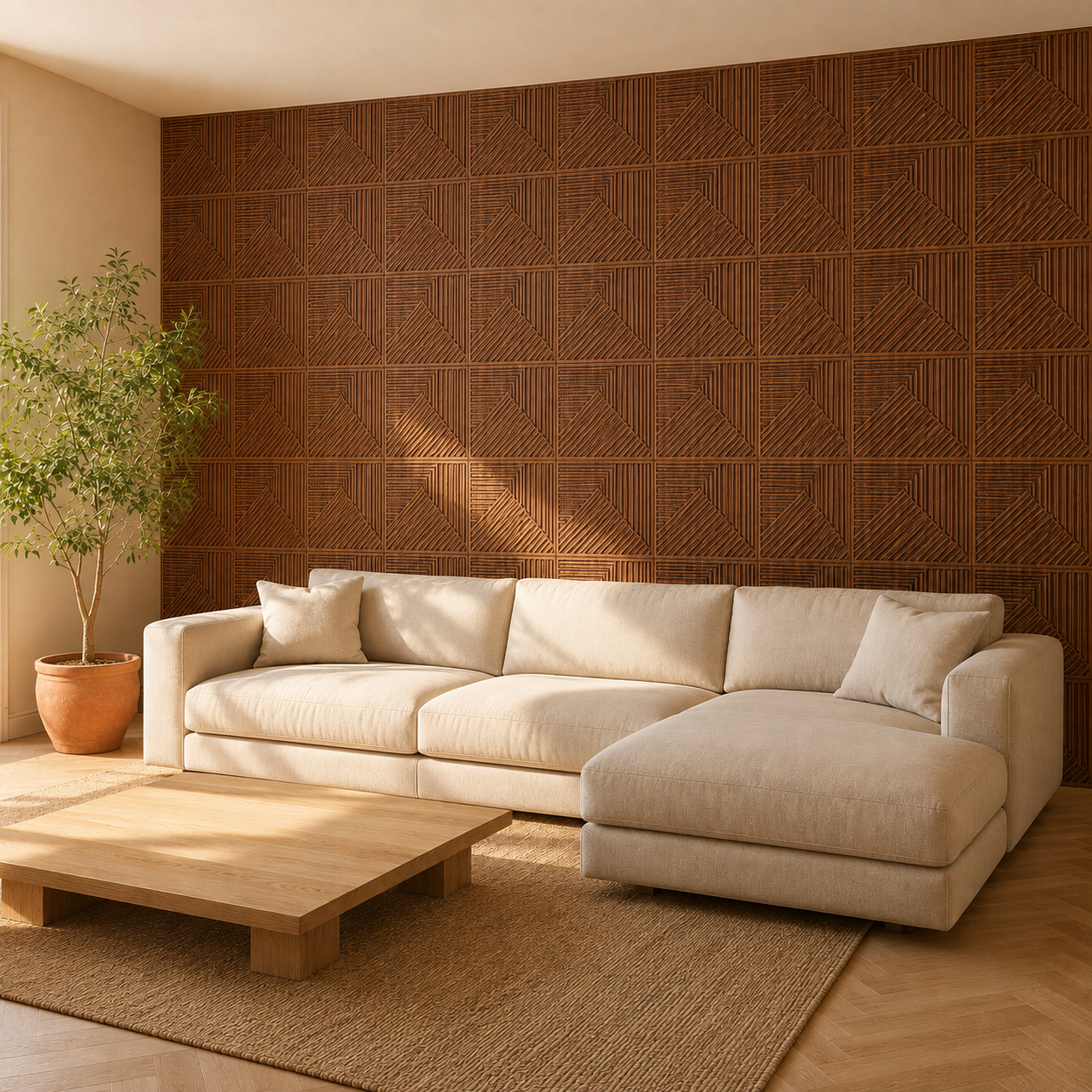 Panneau mural 3D en PVC avec rainures géométrique bois foncé