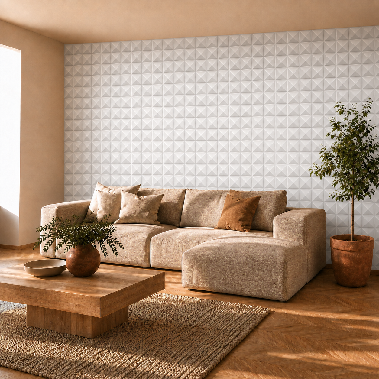 Panneau mural 3D blanc mat à motif pyramidal design