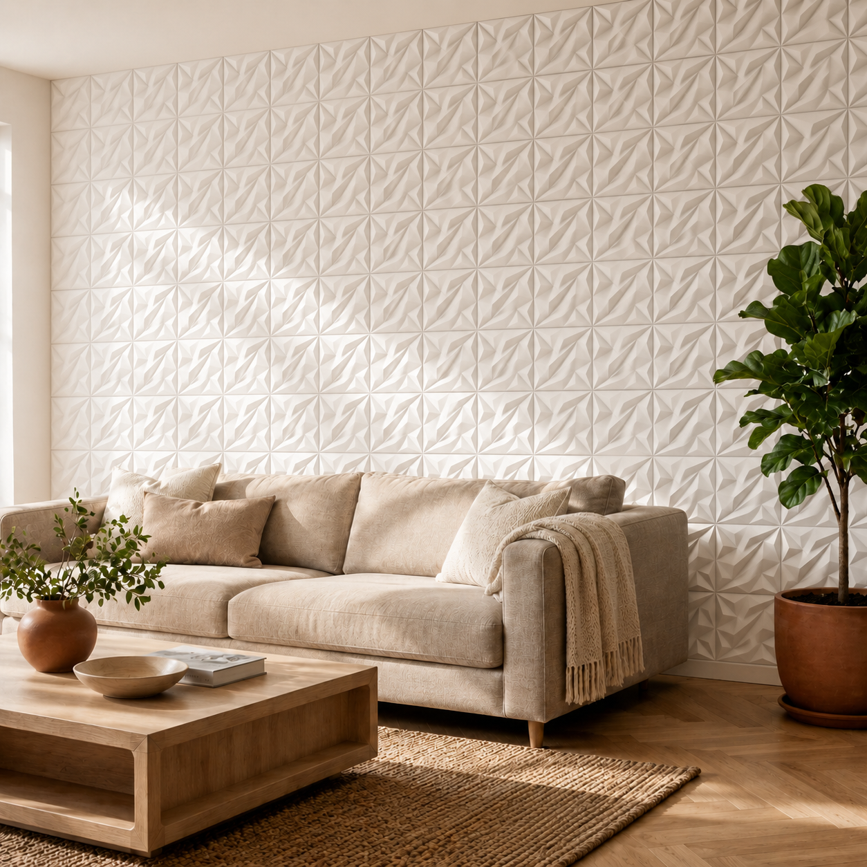 Panneau mural 3D blanc mat avec motif géométrique facetté