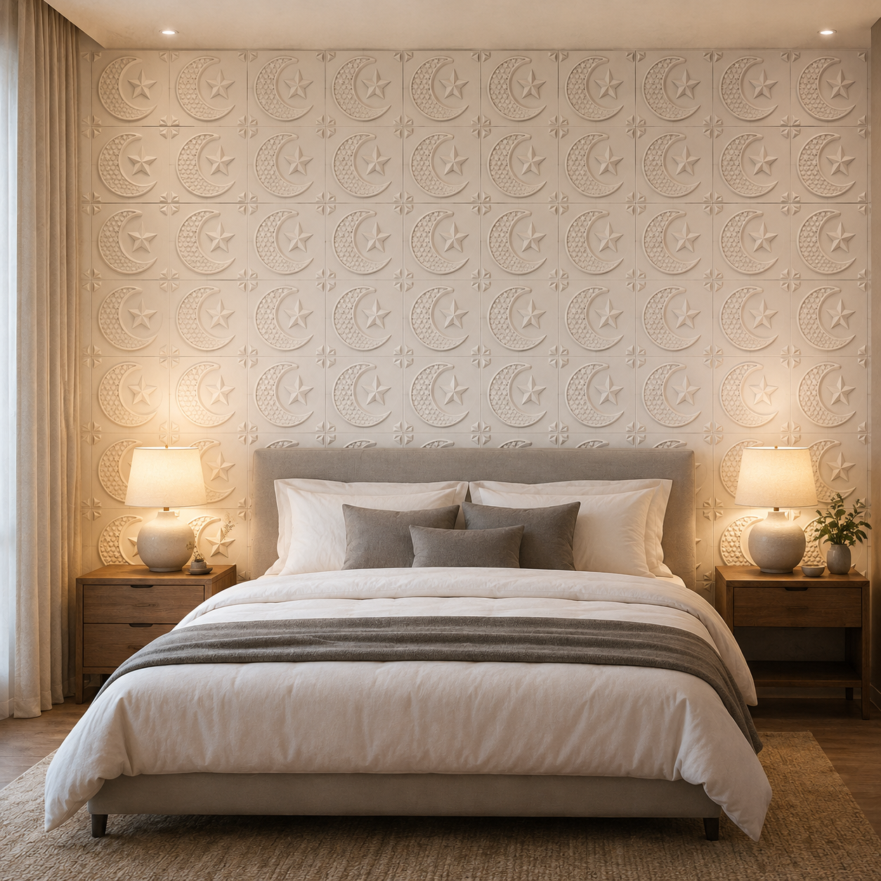 Panneau mural décoratif 3D blanc mat avec motif lune et étoile