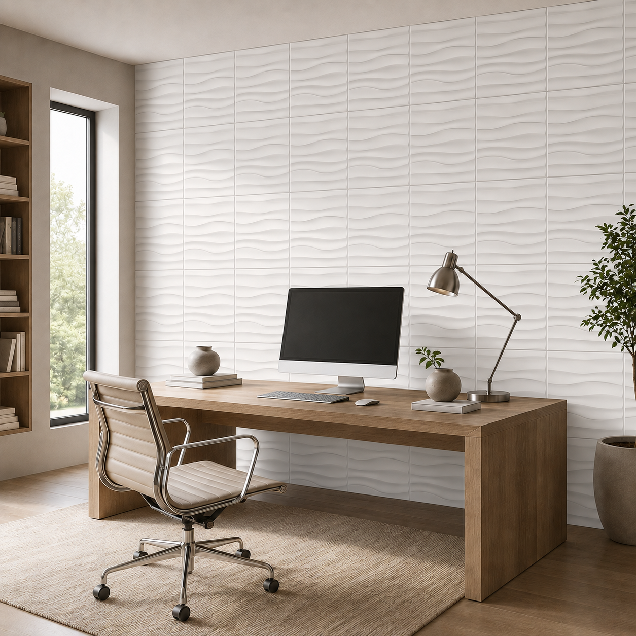 Panneau mural 3D blanc mat en PVC à motif ondulé