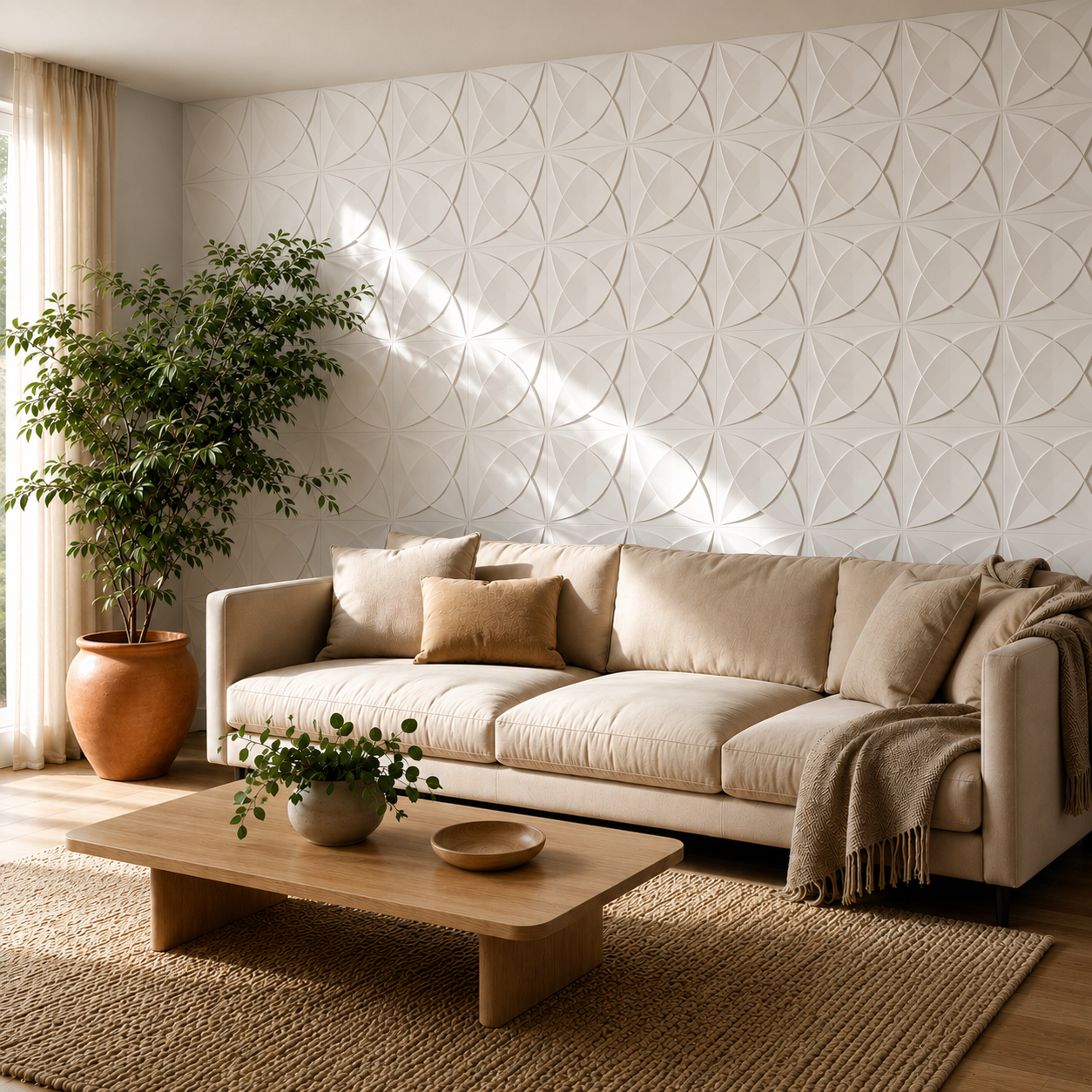 Panneau mural décoratif blanc 3D avec motif floral en relief